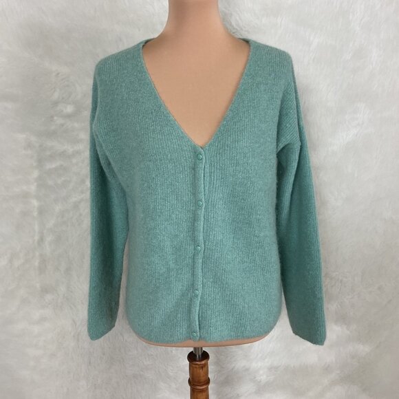 Sezane Sea Green Kid Mohair Baby Alpaca Ribbed Knit Barry Cardigan Sweater M - Picture 1 of 7